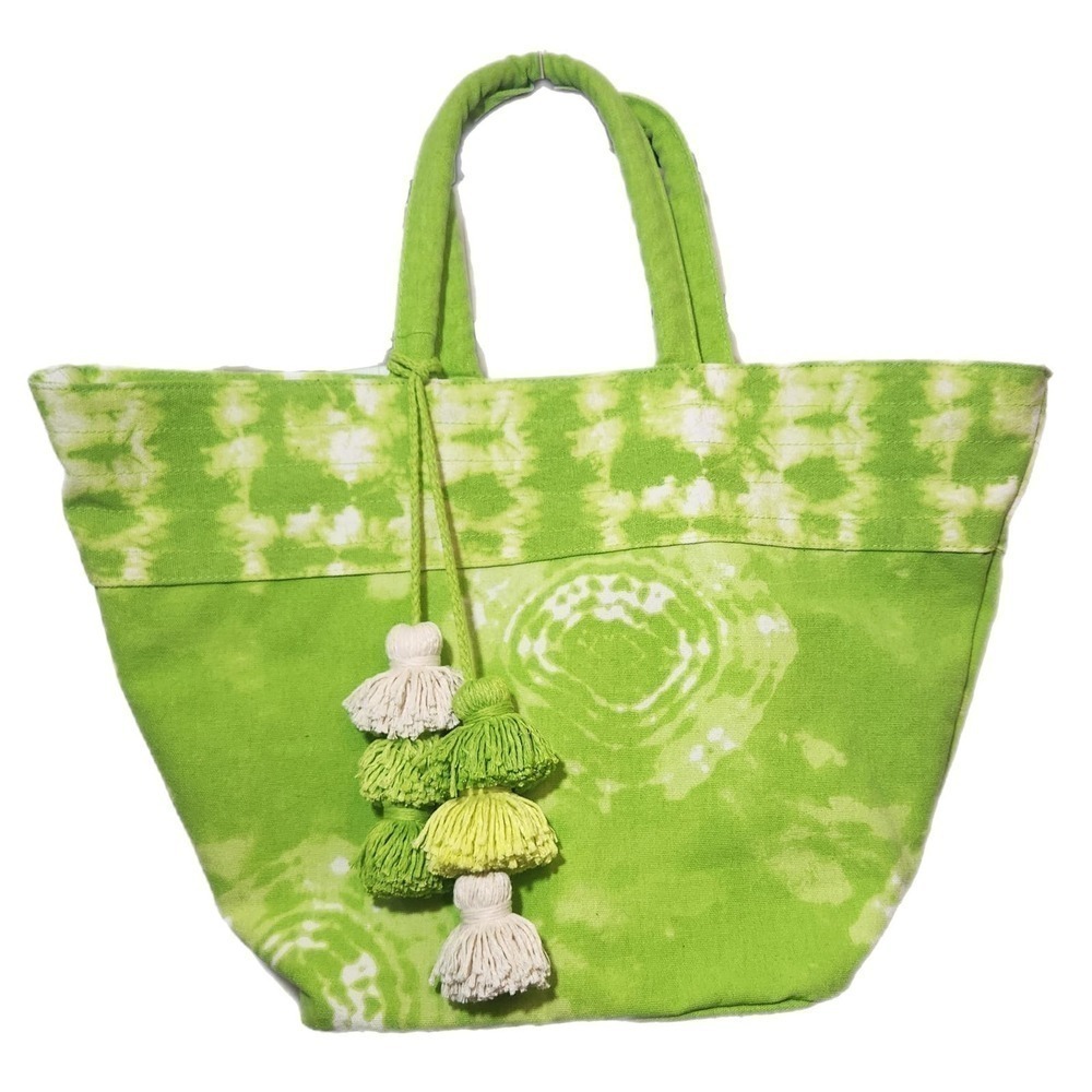 Canvas Shoulder Tote Bag Spring Summer Boho Beach Vacation Tassels Green Tie Dye